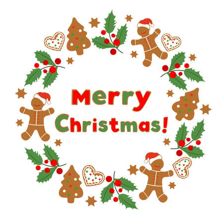 Happy New Year 2021 Merry Christmas vector illustration Fun cartoon gingerbread man, mistletoe, Christmas tree, heart on white background Christmas cookies Winter holiday background Design for printのイラスト素材