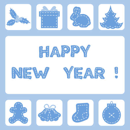 Happy New Year 2021, Merry Christmas Vector illustration Mistletoe, gift, hare, gingerbread man, sock, ball, Christmas tree, bells. Design for web page, sticker, print.のイラスト素材