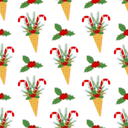 Happy New Year 2021 Merry Christmas seamless pattern Vector illustration with ice cream waffle cone, candy canes, sprig of Christmas trees, mistletoe. Design for packaging paper, fabric or printのイラスト素材