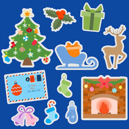 Happy New Year 2021 Merry Christmas vector illustration Letters to Santa Claus, gifts, socks, Christmas tree, sleigh, deer, mitten, fireplace, mistletoe, bell. Winter holiday symbol. Design for printのイラスト素材