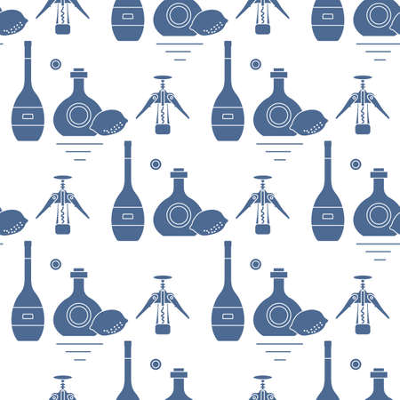 Seamless pattern illustration Bottles of alcoholic beverage, corkscrew. Liquor store, bar. Alcohol drinks market concept. Alcohol Element for Barman. Wine, liquor. Design for menu, web, printのイラスト素材