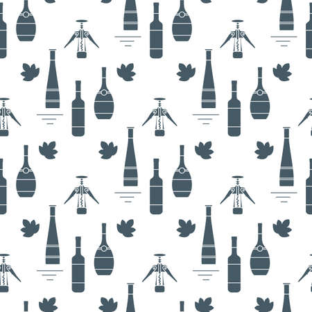 Seamless pattern Vector illustration Bottles of alcoholic beverage, corkscrew. Liquor store, bar. Alcohol drinks market concept. Alcohol Element for Barman. Wine, liquor. Design for menu, web, printのイラスト素材