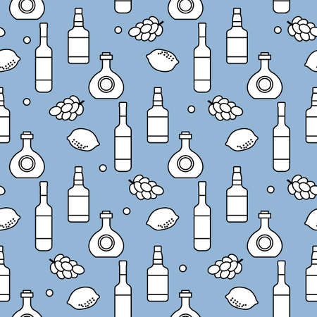 Seamless pattern Vector illustration Bottles of alcoholic beverage, grapes, lemon, wineglass. Liquor store, bar Alcohol drinks market concept Barman Wine, cognac, liquor, brandy Design for menu, printのイラスト素材