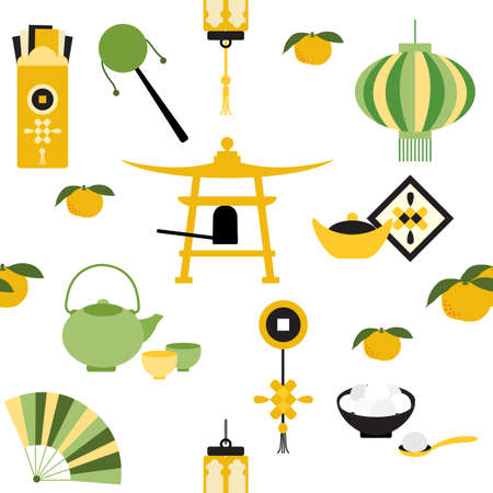 Vector seamless pattern Symbols of Chinese New Year 2021 Bell, chinese lantern, fan, teapot, cups, ingot, tangerines, rattle, food sweet rice balls tangyuam, envelope with money, coin. China Traditionのイラスト素材