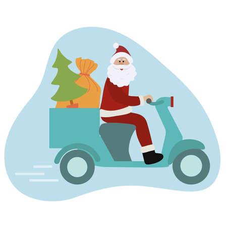 Happy New Year 2021 Merry Christmas vector illustration. Santa Claus on motorbike carries gifts, Christmas tree. Delivery, shipping. Winter holiday Festive background. Design for greeting card, printのイラスト素材