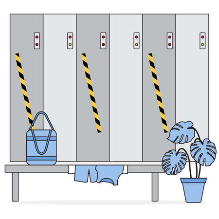 Vector illustration Locker room with safe lockers in sports club, fitness center New normal after COVID-19 pandemic Cells for storage Reducing risk of infection, prevention measures Design for printのイラスト素材