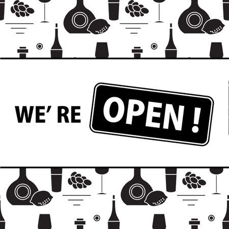 Vector illustration Reopening of liquor store alcohol shop bar after COVID-19 coronavirus pandemic Sign We're open Alcohol drink market concept Bottle glasses of wine in bar wine shop Design for printのイラスト素材