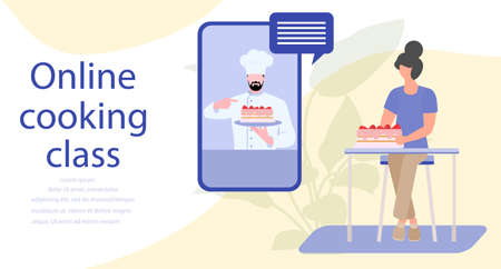 Vector illustration Cooking Online master class Woman cooking at home while streaming online lesson Culinary video channel, blog with chef preparing homemade meal Stay home Cook healthy food by recipeのイラスト素材