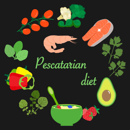 Vector illustration Pescatarian diet Organic Meal planning Vegetarian diet food Healthy lifestyle proper nutrition Vegetarianism, vegan diet, meat abstaining, eco friendly. Weight loss. Design for webのイラスト素材