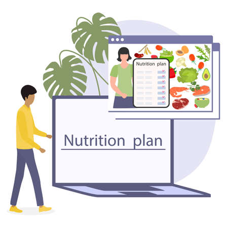 Vector illustration Nutrition Consultant Online explains diet to human. Proper nutrition. Organic Meal planning. Diet food. Healthy lifestyle concept. Eating habits. Weight loss. Design for web, printのイラスト素材