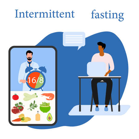 Vector illustration Nutrition Consultant Online explains Intermittent Fasting method 16/8, time-restricted eating to human Healthy lifestyle proper nutrition Diet food Weight loss Design for web printのイラスト素材