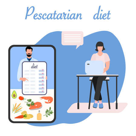 Vector illustration Nutrition Consultant Online explains Pescatarian diet to human. Organic Meal planning. Vegetarian diet food. Healthy lifestyle proper nutrition. Weight loss. Design for web printのイラスト素材