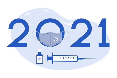 Vector illustration Happy New Year 2021 Vaccination against coronavirus New normal after COVID-19 pandemic Medical mask, disinfectant, test for coronavirus infection, vaccine, syringe Health, medicineのイラスト素材