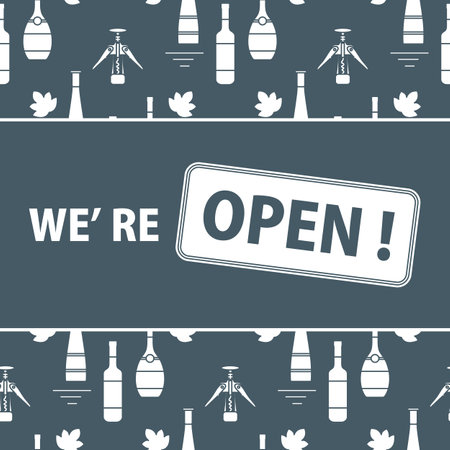 Vector illustration Reopening of liquor store alcohol shop bar after COVID-19 coronavirus pandemic Sign We're open Alcohol drink market concept Bottle glasses of wine in bar wine shop Design for printのイラスト素材