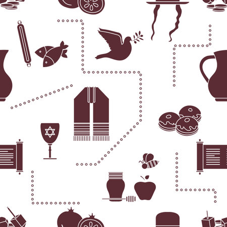 Vector illustration Jewish holiday Traditional symbols Torah scroll, oil jar, Star of David, pomegranate orthodox jewish hat sidelocks Talith Dreidel, Fish Dove, donuts, honey Festive design for printのイラスト素材