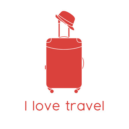 Vector illustration Suitcase, sun hat isolated on white background. I love travel. Summer time, vacation, holiday, leisure. Concept for travel agency, booking service. Design for web page, printのイラスト素材