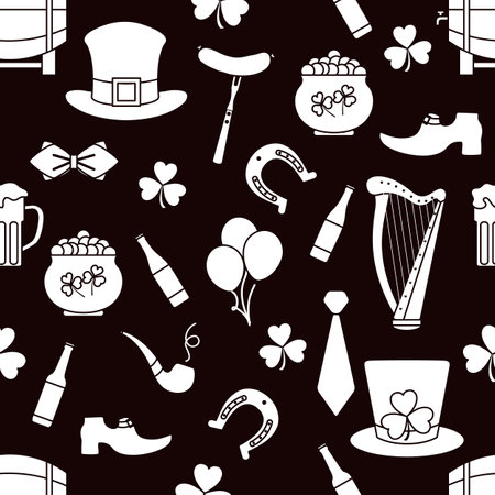Irish Vector seamless pattern Happy St. Patrick's Day illustration Ireland Shamrock Horseshoe Smoking pipe Beer Leprechaun's shoe Sausage Pot of gold Hat Tie Balloons Harp Holiday Party Festive Designのイラスト素材