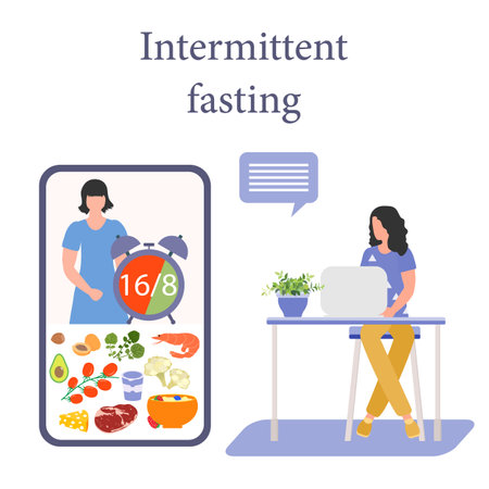 Vector illustration Nutrition Consultant Online explains Intermittent Fasting method 16/8, time-restricted eating to human Healthy lifestyle proper nutrition Diet food Weight loss Design for web printのイラスト素材