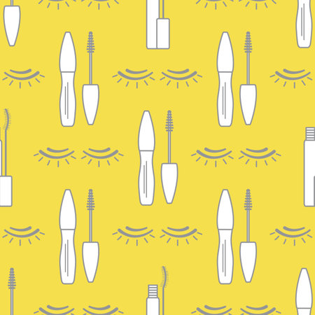Vector seamless pattern with eyelashes, mascara. Decorative cosmetics, makeup background. Glamor fashion vogue style. Design for banner, poster or print. Illuminating and Ultimate Gray.のイラスト素材