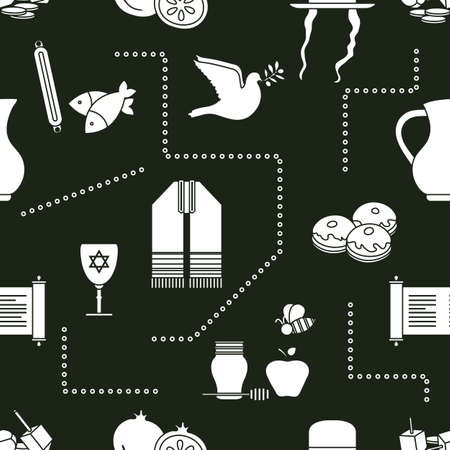 Vector illustration Jewish holiday Traditional symbols Torah scroll, oil jar, Star of David, pomegranate orthodox jewish hat sidelocks Talith Dreidel, Fish Dove, donuts, honey Festive design for printのイラスト素材