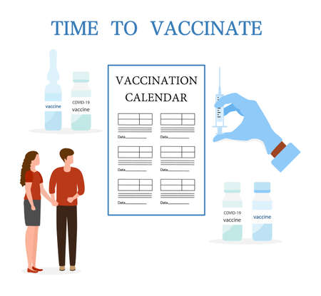Vector illustration People Syringe Vaccine bottle Immunization Adult Vaccination calendar Vaccination information Healthcare Public health program Medical support service Design for web app printのイラスト素材