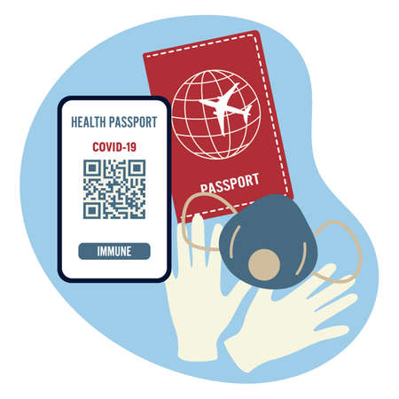 Vector illustration 2021 Travel Health Passport Mandatory Covid Test Medical mask, gloves New normal after COVID-19 pandemic Test for coronavirus infection Immunity Passport Cell QR Design for printのイラスト素材