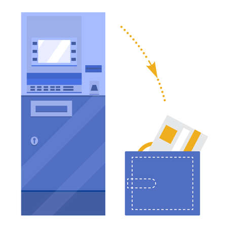 Vector illustration ATM Wallet Bank card Money bill. Cash withdrawal at automated teller machine. Banking Cash, Currency exchange Cashback service Bank payment Financial transactions. Design for printのイラスト素材