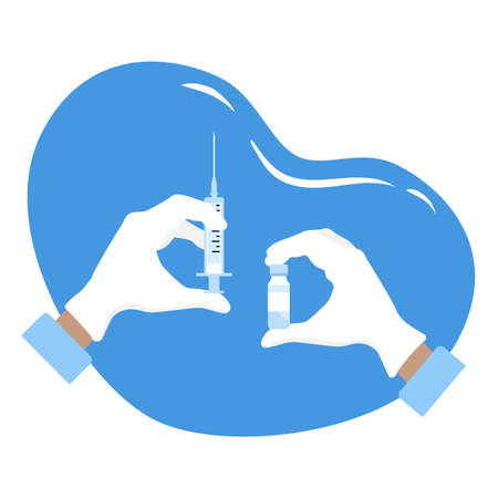 Vector illustration Hand Syringe Covid-19 Vaccine bottle Immunization Coronavirus Vaccination People Healthcare Public health program Medical support supervision service Design for web, printのイラスト素材