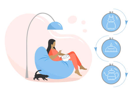 Vector illustration Woman engaged in needlework. Girl embroidering. Cross-stitch Relaxing at home lifestyle concept Leisure Hand craft Hobby Handmade Manual labor Flat style Design for web, app, printのイラスト素材
