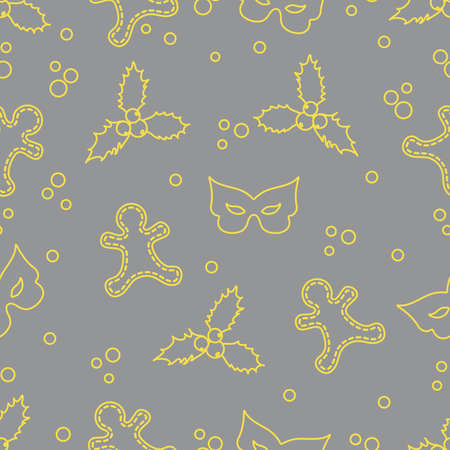 Seamless pattern with gingerbread man, mistletoe, mask. Christmas and New Year background. Design for packaging paper, fabric and other print. Illuminating and Ultimate Gray.のイラスト素材