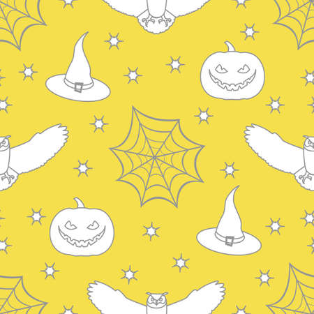 Halloween vector seamless pattern with cobweb, eagle owl, pumpkin, hat, witch, stars. Design for party card, wrapping, fabric, print. Illuminating and Ultimate Gray.のイラスト素材