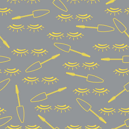 Vector seamless pattern with mascara, eyelashes. Decorative cosmetics, makeup background. Glamor fashion vogue style. Design for banner, poster or print. Illuminating and Ultimate Gray.のイラスト素材