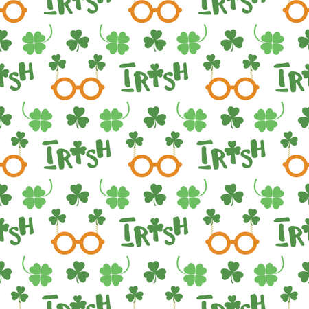 Vector seamless pattern Happy St. Patrick's Day illustration Ireland Shamrock Clover leaf Glasses Lettering Irish Holiday Party Festive Design for greeting card, fabric, print, wrapping paperのイラスト素材