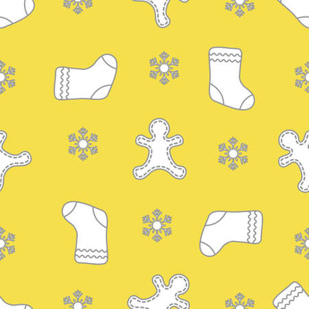Seamless pattern with gingerbread man, christmas socks, snowflakes. Christmas and New Year background. Design for packaging paper, fabric and other print. Illuminating and Ultimate Gray.のイラスト素材