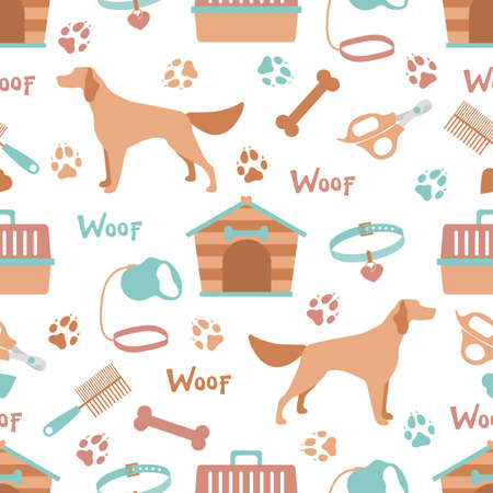 Vector seamless pattern illustration Dog, doghouse, paw tracks, bone, collar, comb, scissors, carrying, leash Animal background Pet shop, vet clinic, shelter concept Design for fabric, printのイラスト素材