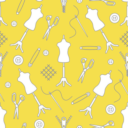 Vector seamless pattern Mannequin, scissors, needle, pin, buttons, zipper on white background. Dressmaking tools. Tailor. Atelier tailoring Sewing workshop equipment Design for wrapping, fabric, print Illuminating and Ultimate Gray.のイラスト素材
