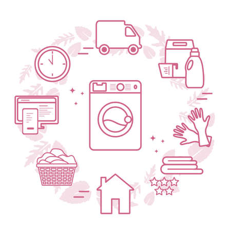 Vector Illustration Professional Quality Laundry service. Laundromat tasks Find and order through internet. Housekeeping. Domestic Household chores. Washing machine, detergents. Design for web, printのイラスト素材