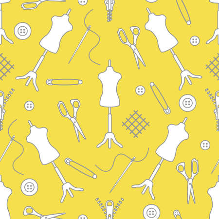 Vector seamless pattern Mannequin, scissors, needle, pin, buttons, zipper on white background. Dressmaking tools. Tailor. Atelier tailoring Sewing workshop equipment Design for wrapping, fabric, print Illuminating and Ultimate Gray.のイラスト素材