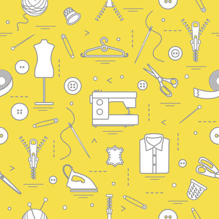 Seamless pattern with tools and accessories for sewing. Template for design, fabric, print. Illuminating and Ultimate Gray.のイラスト素材