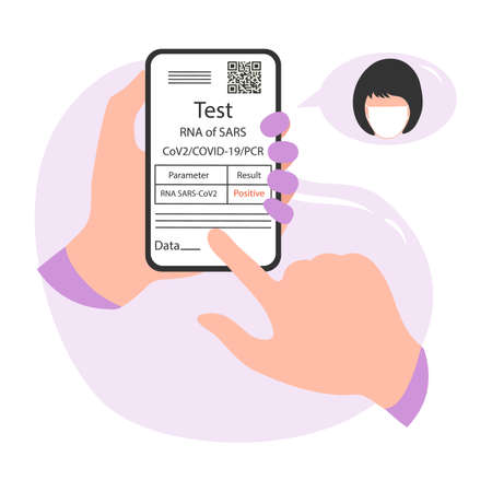 Vector illustration 2021 Hands holding cell phone Positive coronavirus test result New normal after...