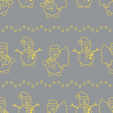 Happy New Year and Christmas seamless pattern. Vector illustration with snowman and Christmas tree. Design for wrapping, fabric, print. Illuminating and Ultimate Gray.のイラスト素材