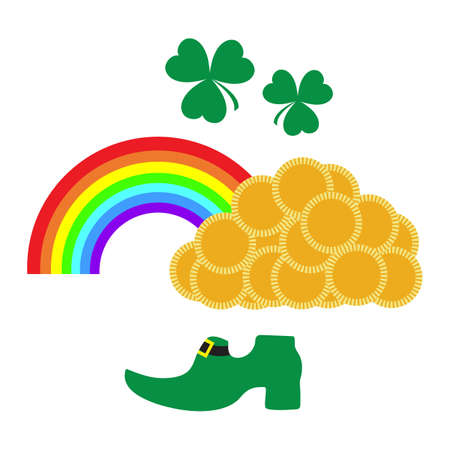 Vector illustration Happy St. Patrick's Day Ireland Shamrock Clover leaf Leprechaun's shoe Gold coin Rainbow Irish Holiday Party Celtic culture Lucky March Festive Design for printのイラスト素材