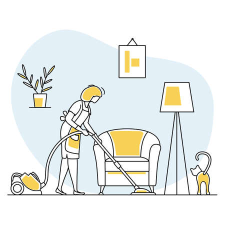 Vector illustration Apartment House Cleaning Maid service Woman cleans the room, vacuums Professional hygiene service domestic household chores Housekeeping business Design for website, app, printのイラスト素材