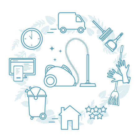 Vector Illustration Professional Quality Cleaning service. Find and order scrubwoman through internet. Housekeeping Household chores House cleaning. Make an order vacuum, garbage removal. Design printのイラスト素材