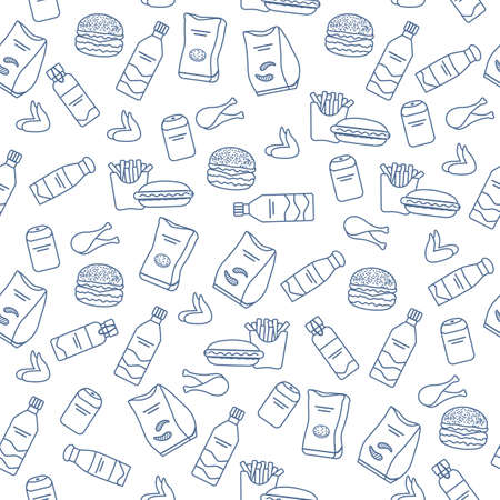 Vector Food Seamless pattern Illustration Cooking Fast food Snack Picnic Harmful eating habits Unhealthy lifestyle Hamburger French fries Chips Hotdog Chicken Design for textile, wrapping, printのイラスト素材