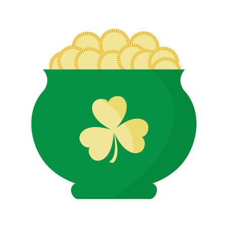 Vector illustration Happy St. Patrick's Day Ireland Shamrock Clover leaf pot filled with gold coins Leprechaun Irish Holiday Party Festive Celtic culture Lucky March Design for printのイラスト素材