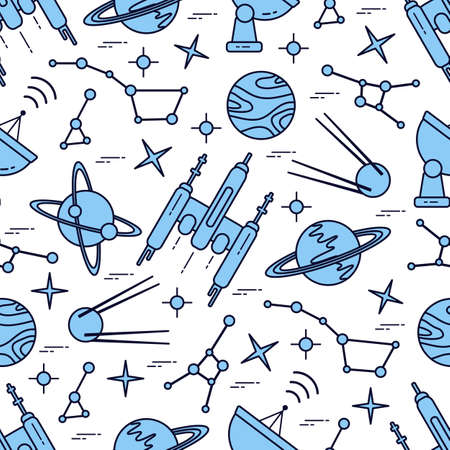 Seamless pattern Vector Illustration Planet Saturn Galaxy constellations Orbital station Radar Space exploration. Astronomy concept Spaceship in universe. Science Huge space Design for app, web, printのイラスト素材