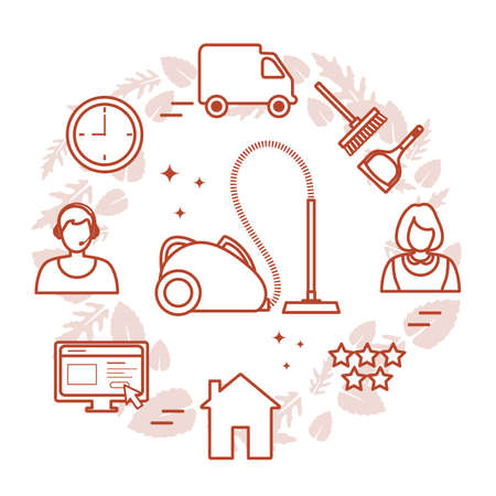 Vector Illustration Professional Quality Cleaning service. Find and order scrubwoman through internet. Housekeeping Household chores House cleaning. Make an order vacuum, garbage removal. Design printのイラスト素材