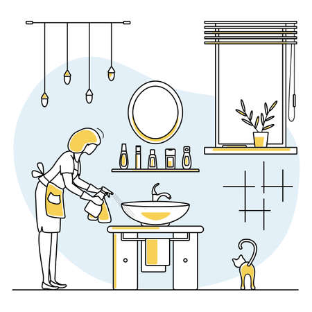 Vector illustration Apartment House Cleaning Maid service Woman washing plumbing in bathroom. Professional hygiene service for domestic household chores. Housekeeping business Design Website App Printのイラスト素材