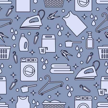 Vector Seamless pattern Illustration Laundry Cleaning service Washing machine, laundry basket, detergents, iron, clothespins, hanger, linen. Domestic household chores Laundromat tasks Design for printのイラスト素材